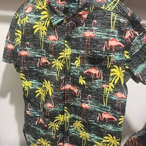 21men Black Flamingo Print Casual Button Down Shirt